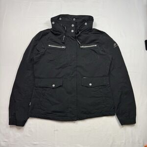 KHUJO Hooded Zip & Button Bomber Jacket Women Size Large Black 19x23.5 Polyester